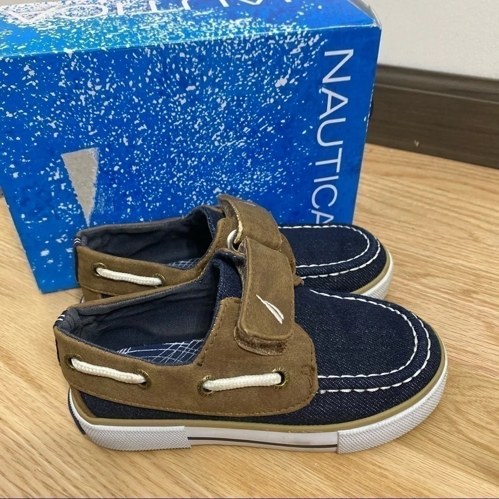 Nautica Boat Shoes Denim Blue Brown Sz 8 Kids Boys